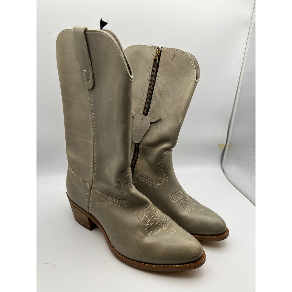 Vintage J Chisholm Leather Western Cowboy Boots Women 9.5 Side Zip Longhorn Pull